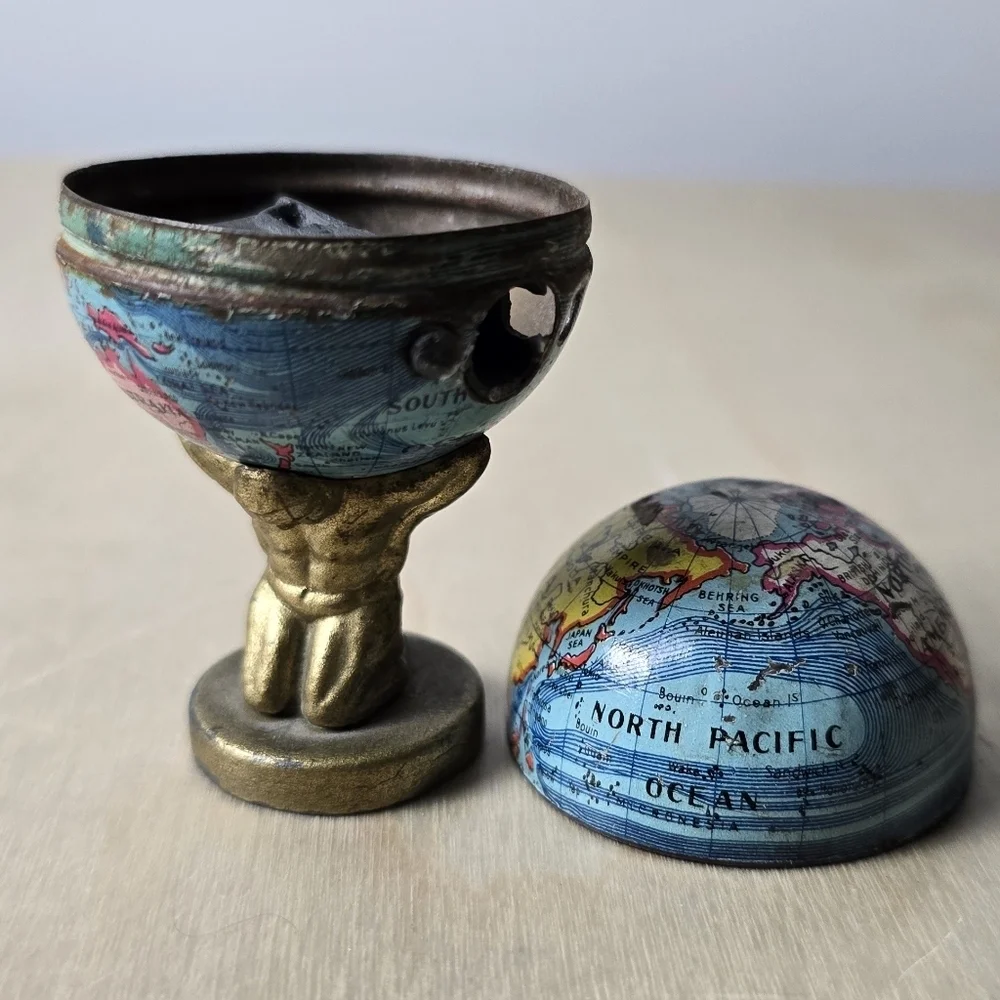 1920s Antique Atlas Holding Earth Pencil Sharpener Made In Germany Trade Routes